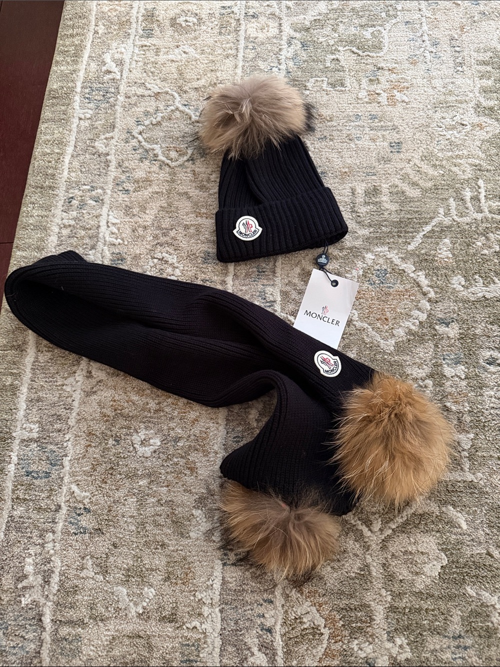 Moncler Kids Black Ribbed Knit Hat and Scarf Set with Brown Fur Poms